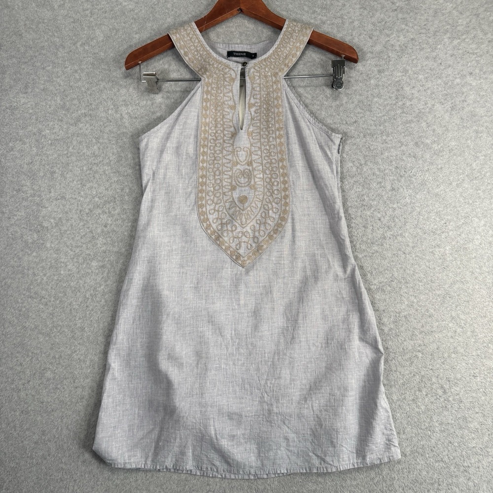 Theme Embroidered Linen Cotton Mini Dress Keyhole Boho Resort Gray Small